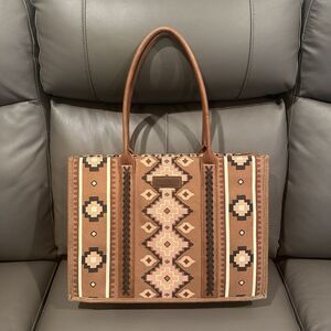 Wrangler Southwestern Pattern Dual Sided Print Canvas Wide Tote 17x12 Brown